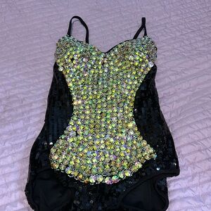 Black and sequin jazz one piece leotard dance costume